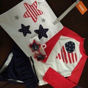 Gymboree Red White Navy Girls Star Swim Set with Sunglasses